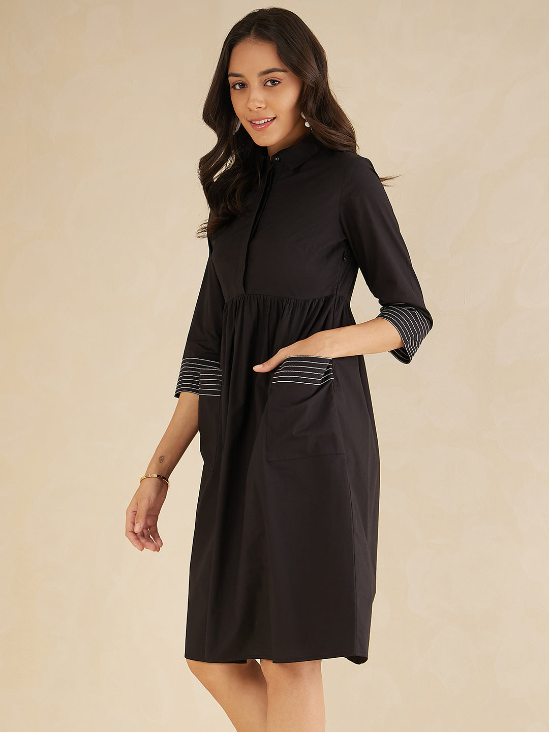 Black Cotton Poplin Contrast Stitch Detail Midi Dress