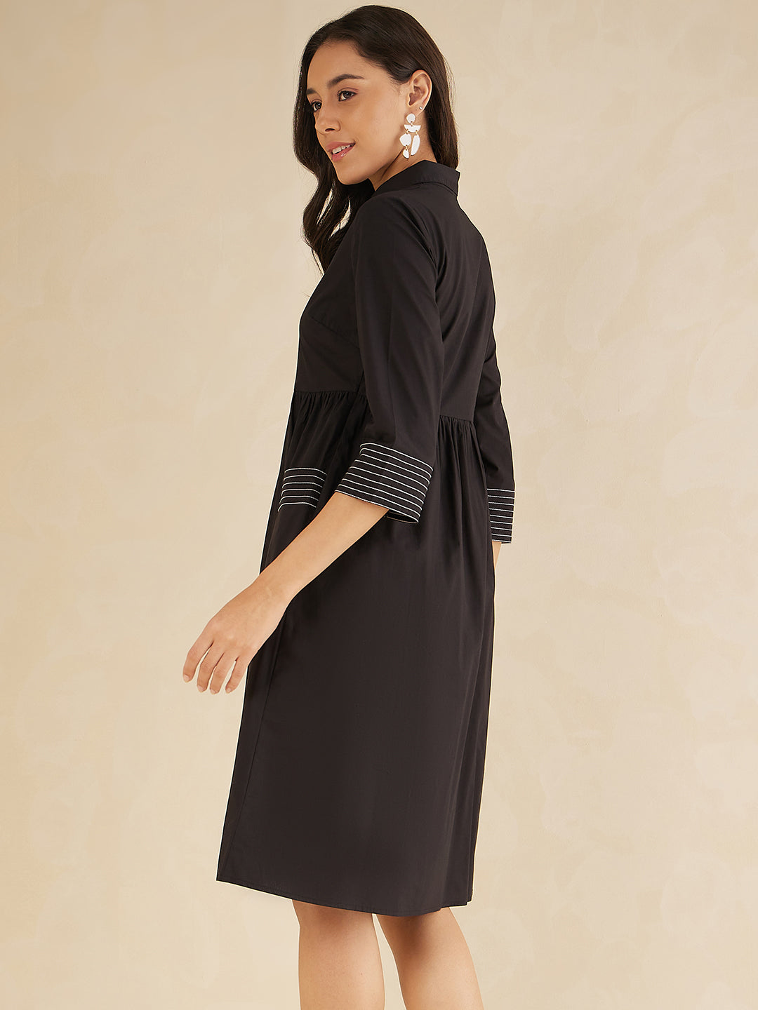 Black Cotton Poplin Contrast Stitch Detail Midi Dress