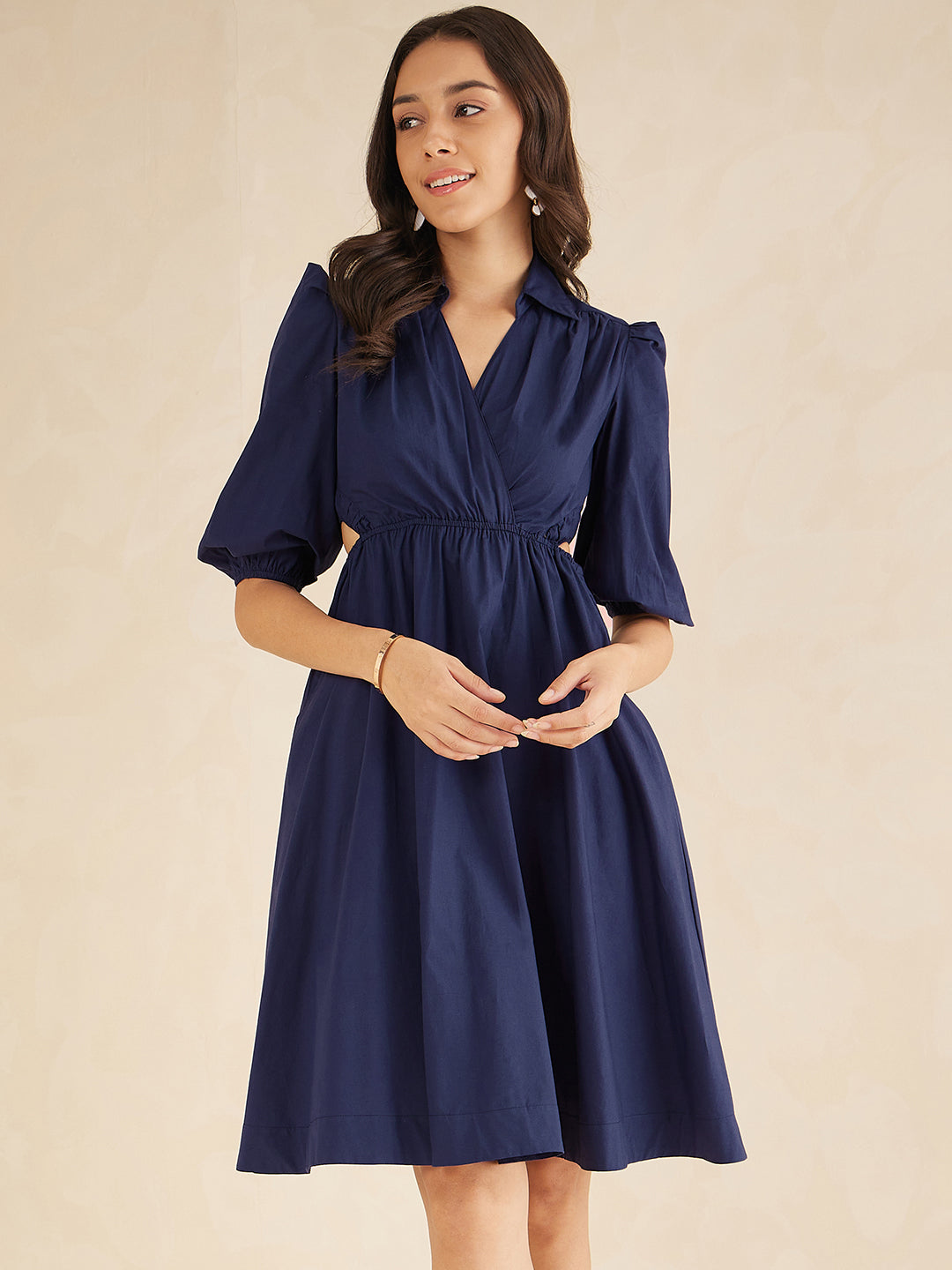 Navy Cotton Poplin Cutout Midi Dress