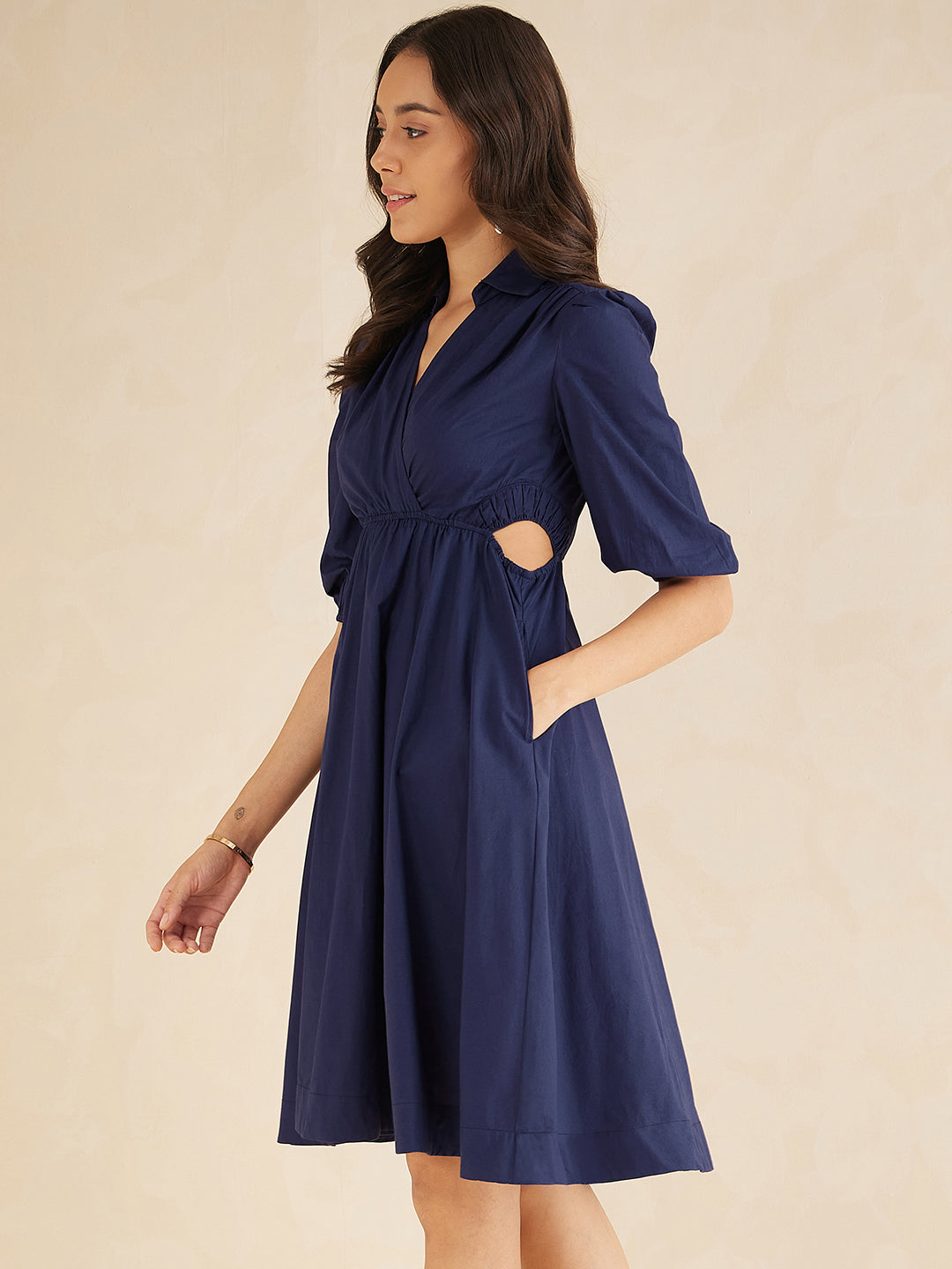 Navy Cotton Poplin Cutout Midi Dress