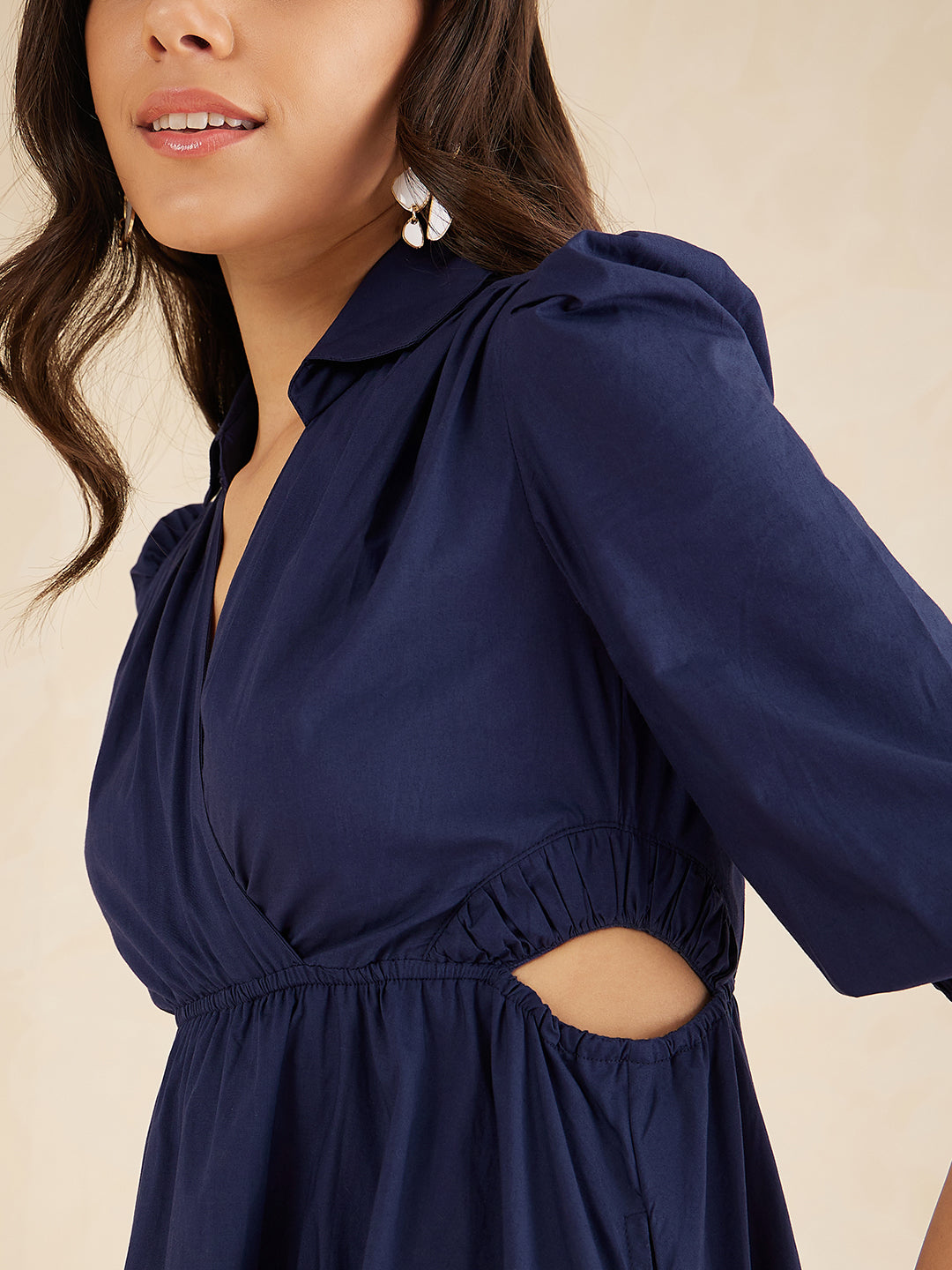 Navy Cotton Poplin Cutout Midi Dress