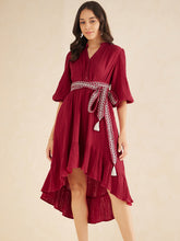 Red Solid Embroidered Belt Detail High Low Midi Dress