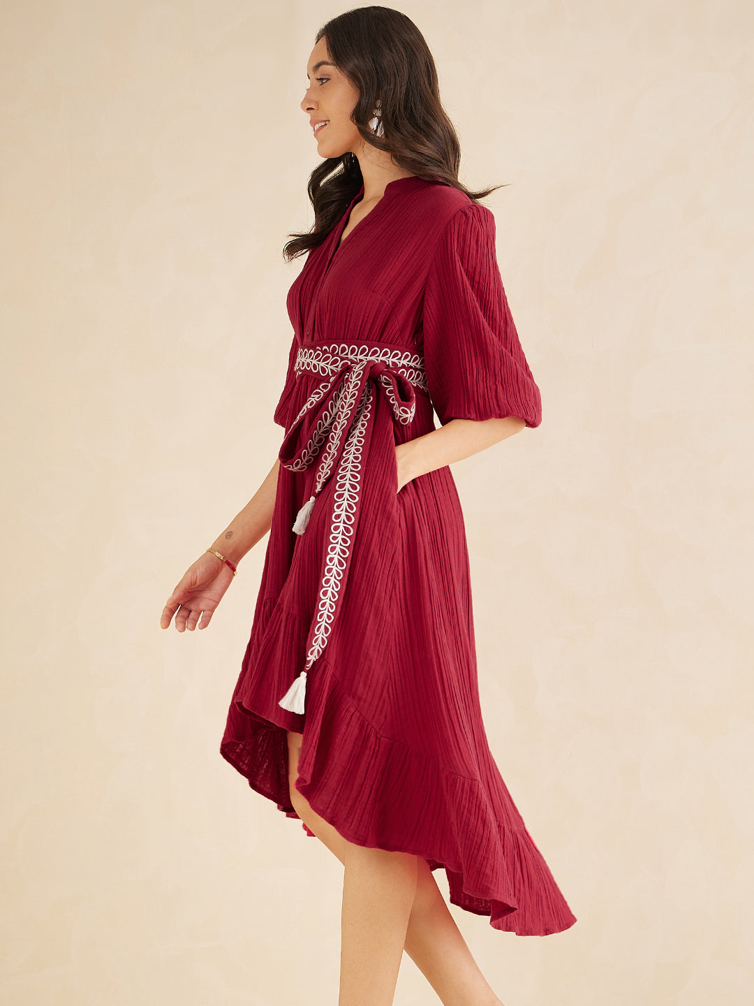 Red Solid Embroidered Belt Detail High Low Midi Dress