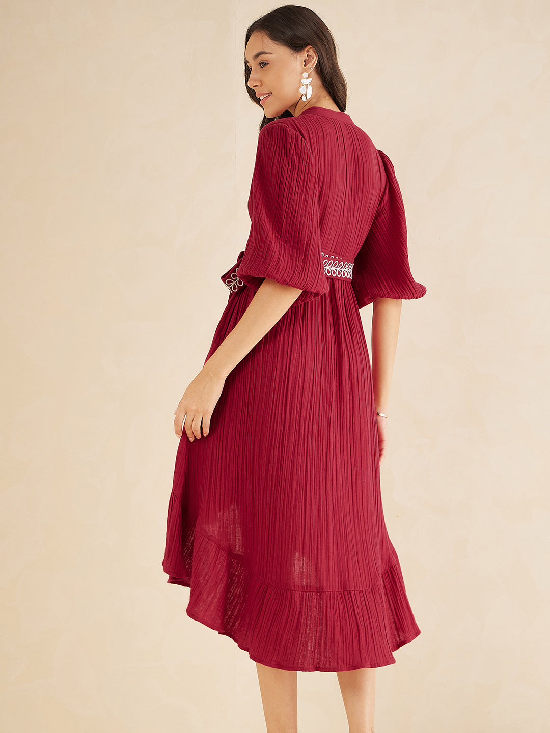 Red Solid Embroidered Belt Detail High Low Midi Dress
