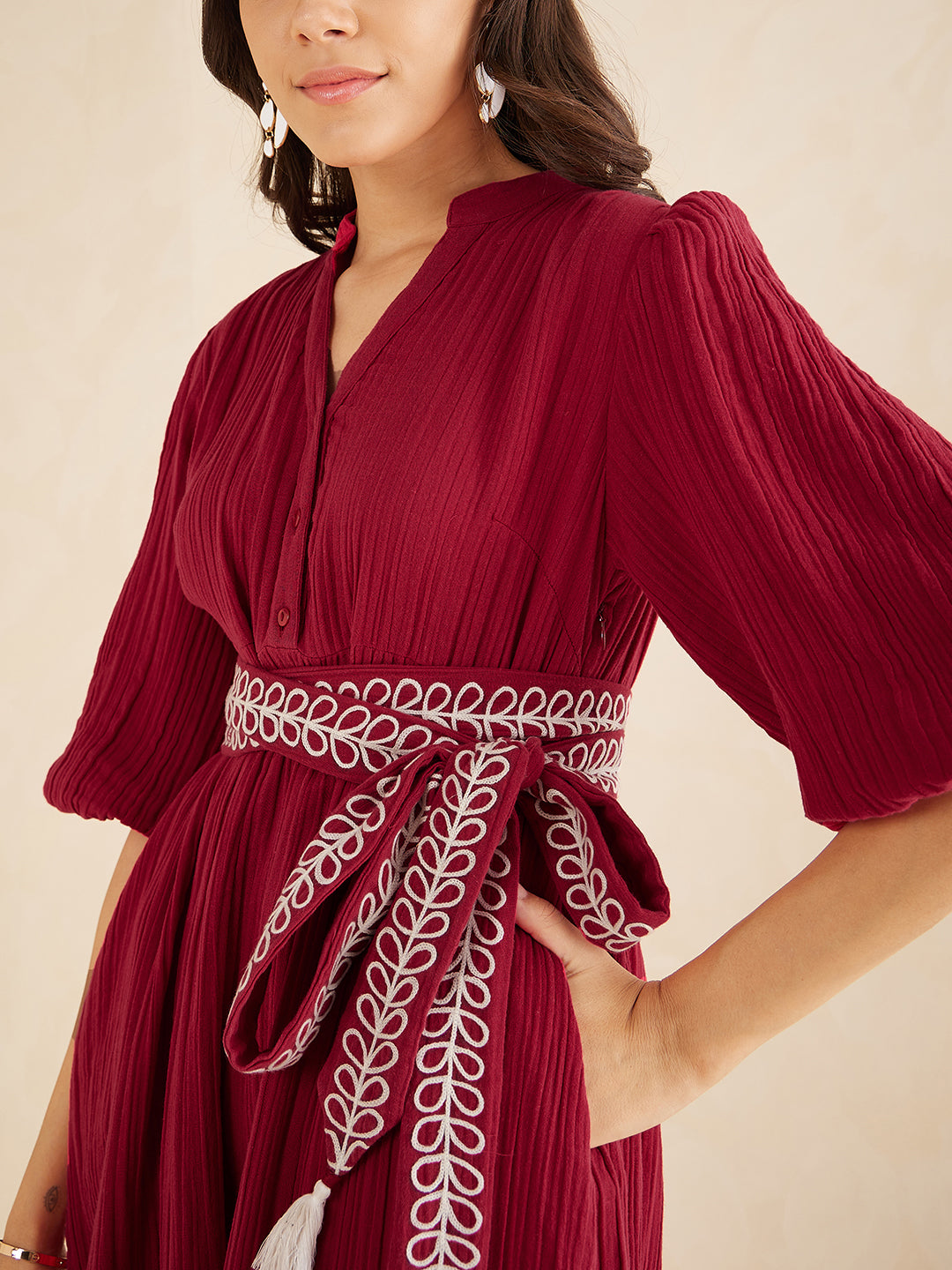 Red Solid Embroidered Belt Detail High Low Midi Dress