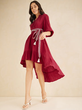 Red Solid Embroidered Belt Detail High Low Midi Dress