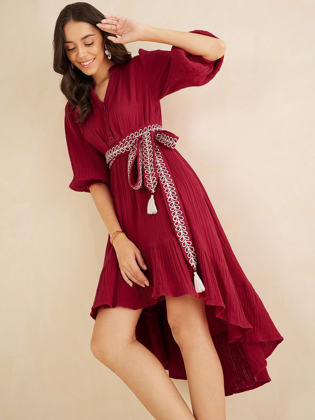 Red Solid Embroidered Belt Detail High Low Midi Dress