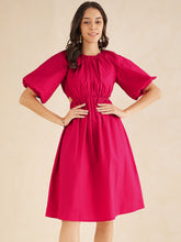 Pink Cotton Poplin Puff Sleeve Midi Dress