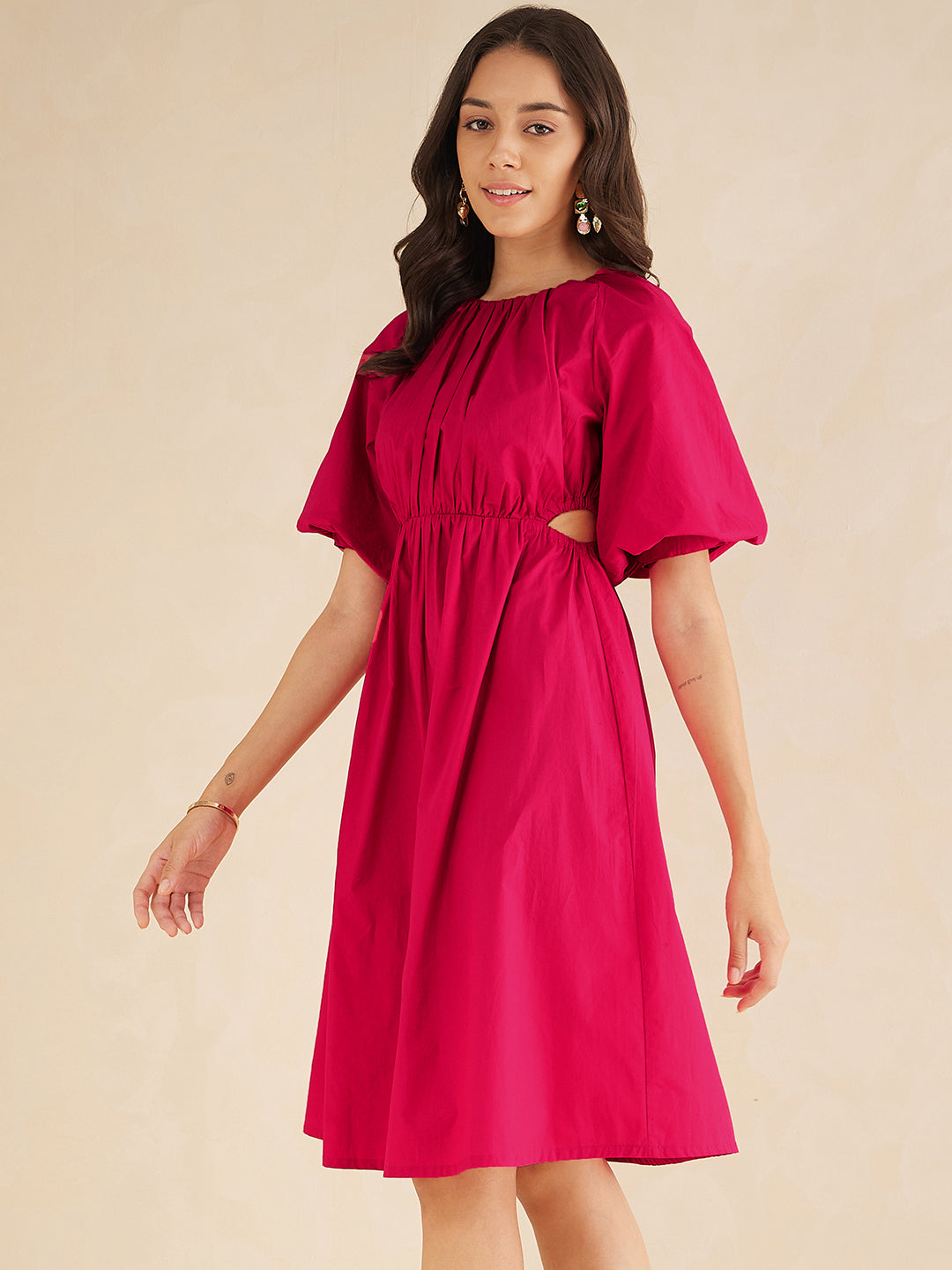 Pink Cotton Poplin Puff Sleeve Midi Dress