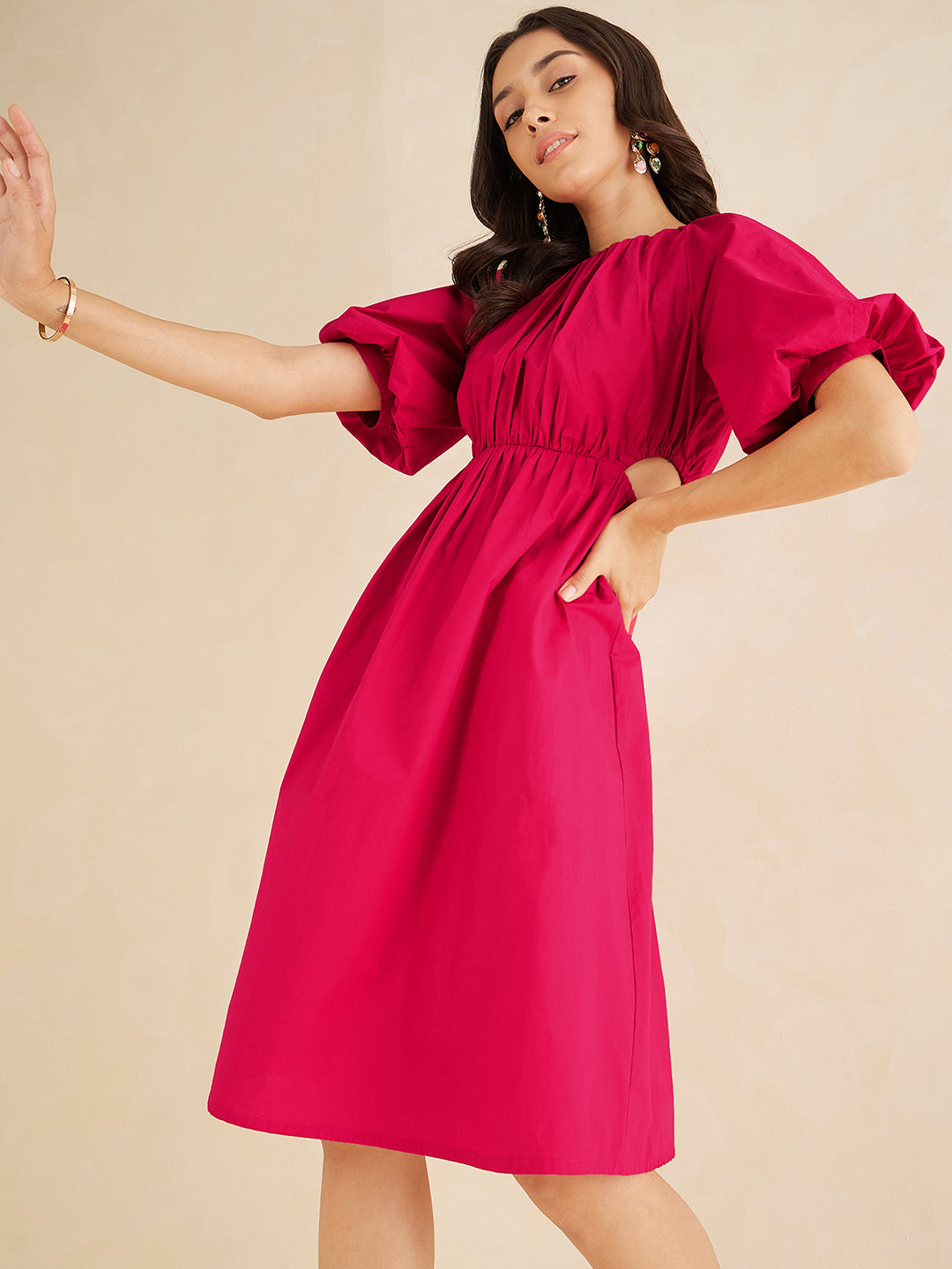 Pink Cotton Poplin Puff Sleeve Midi Dress