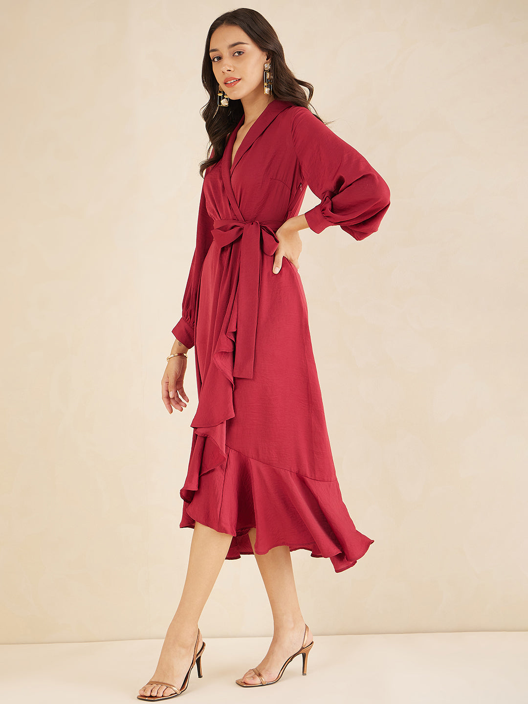 Red Shawl Collar Belted Wrap Maxi Dress