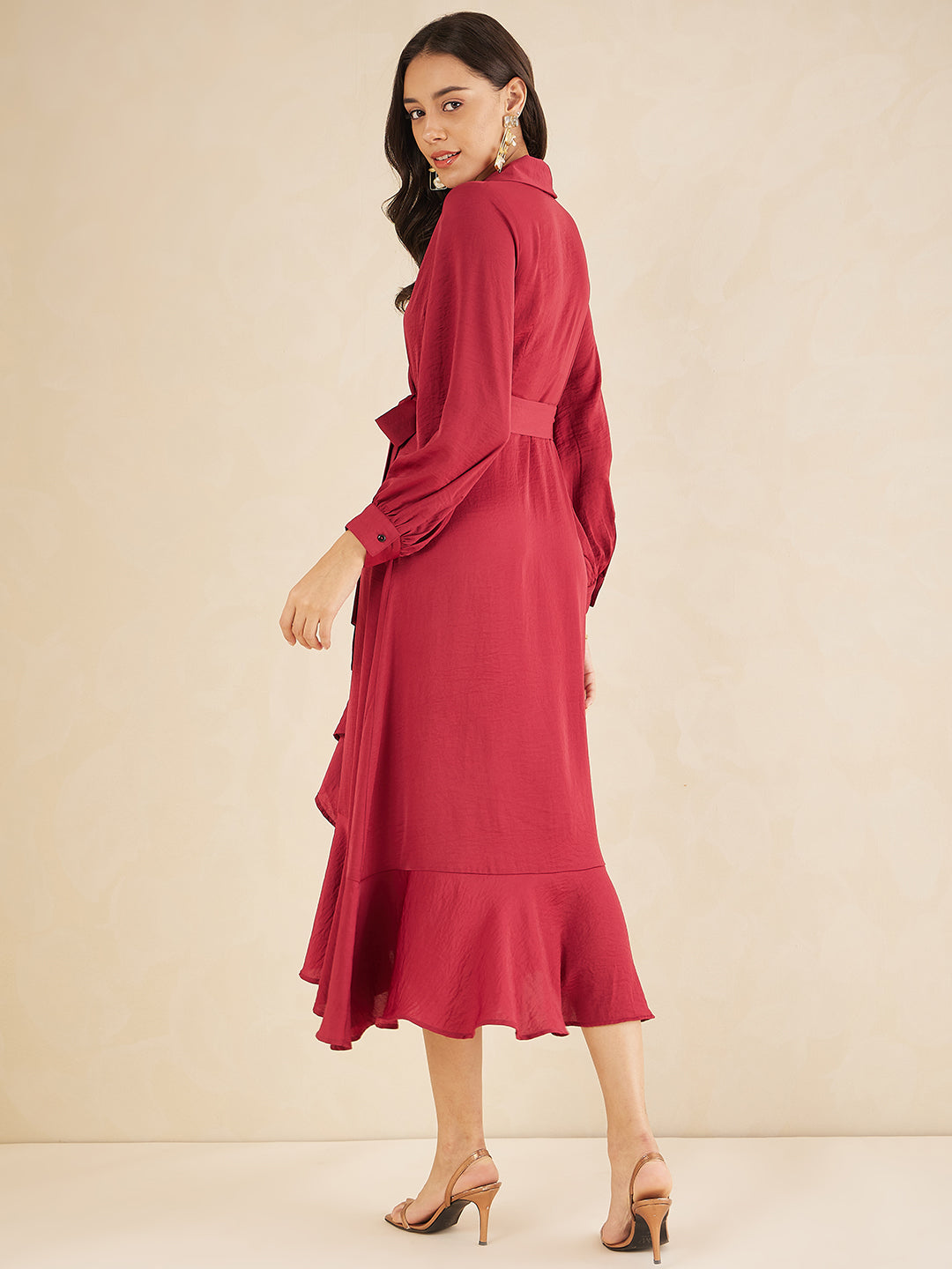 Red Shawl Collar Belted Wrap Maxi Dress