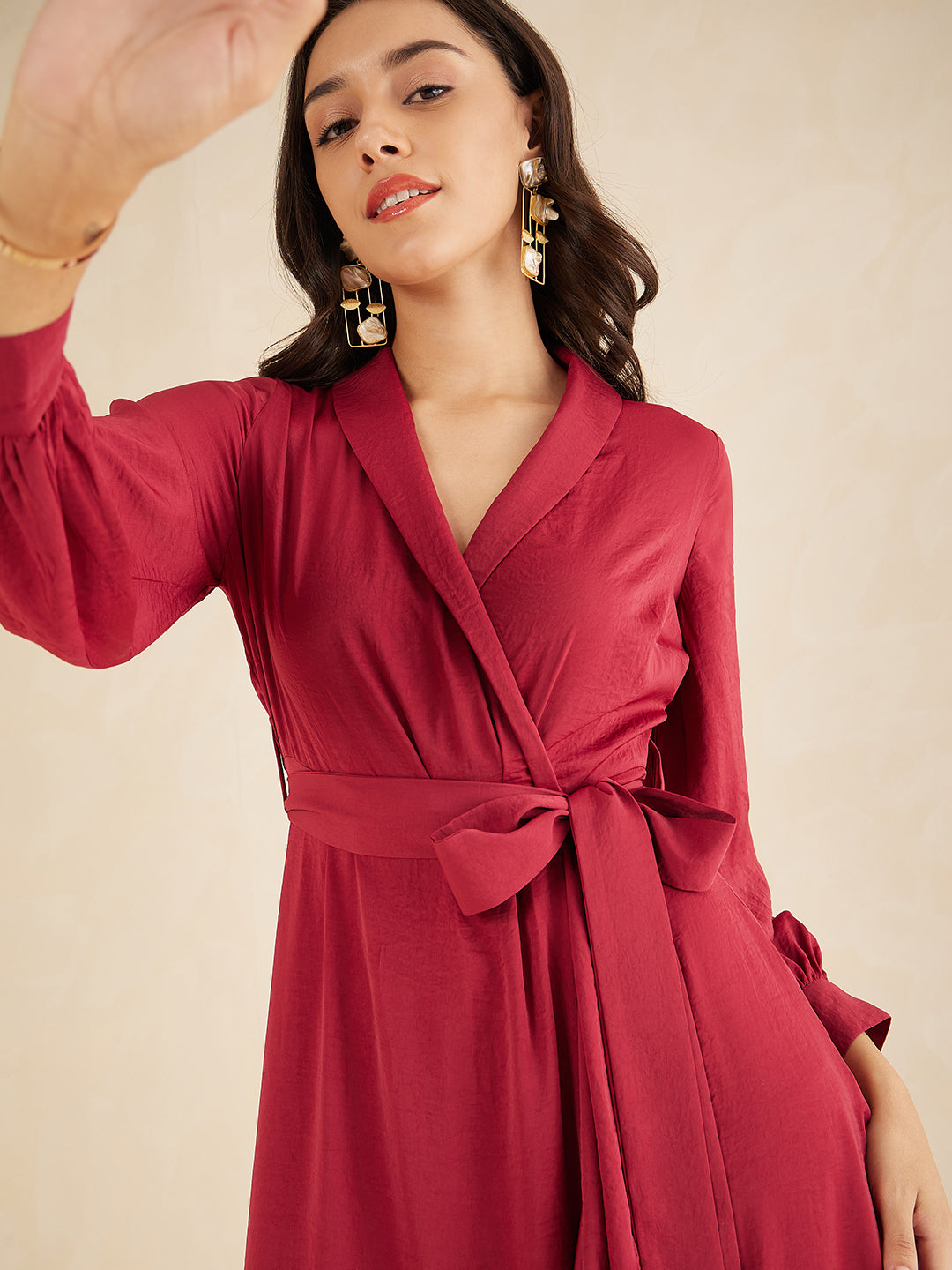 Red Shawl Collar Belted Wrap Maxi Dress