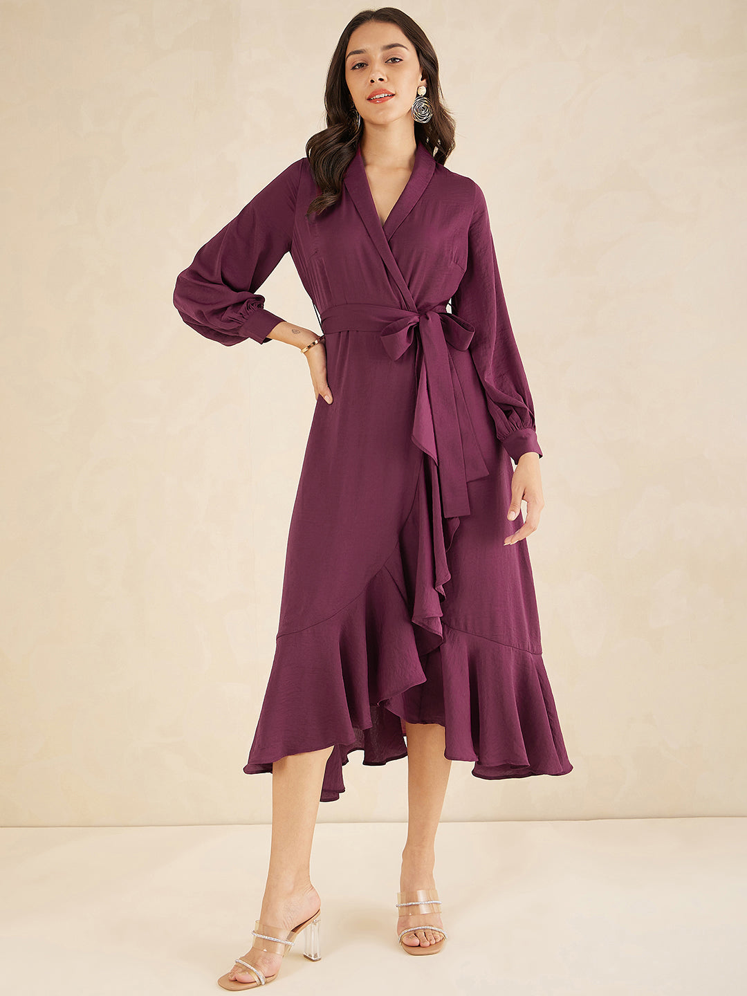 Wine Shawl Collar Belted Wrap Maxi Dress