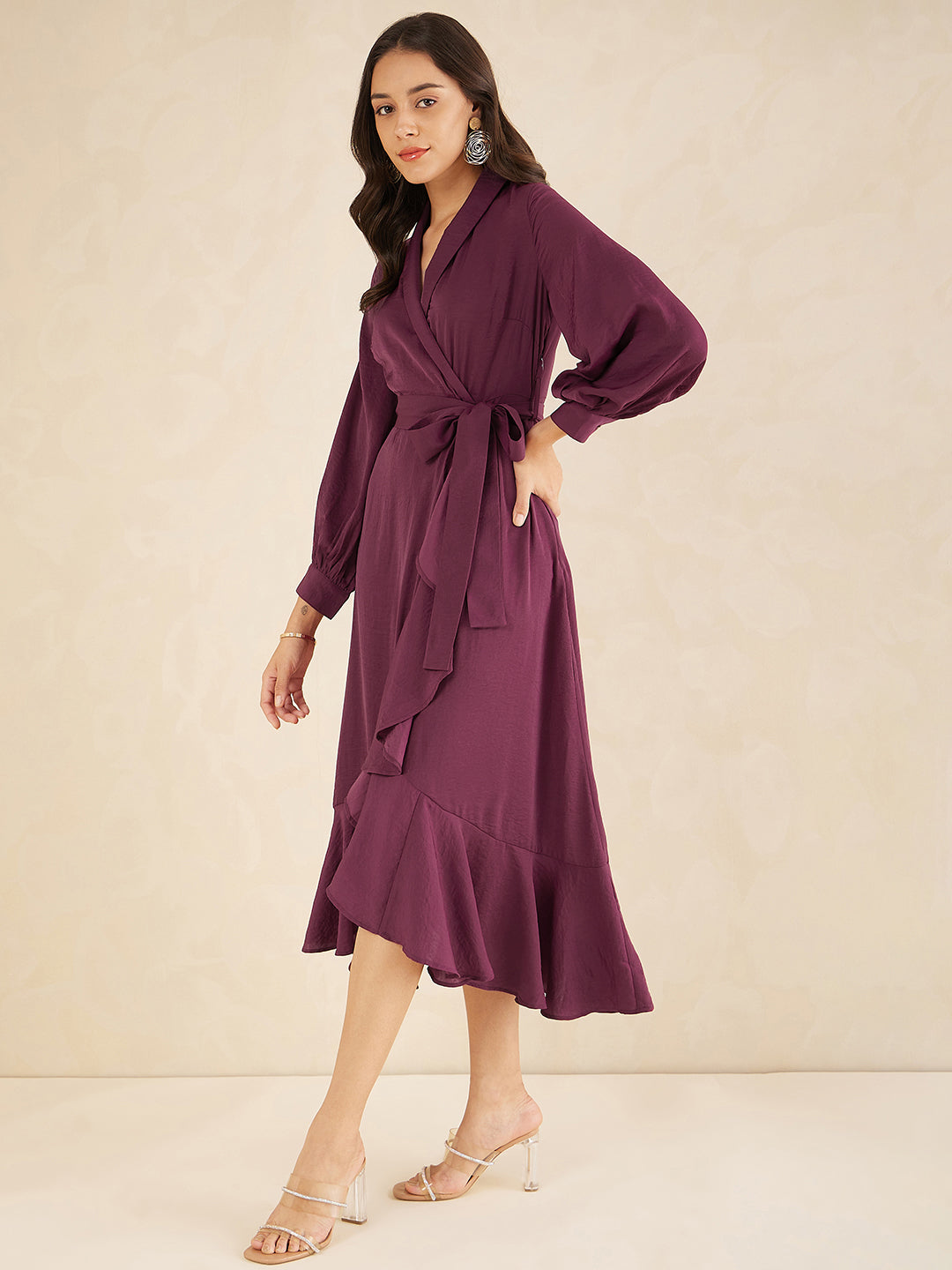 Wine Shawl Collar Belted Wrap Maxi Dress