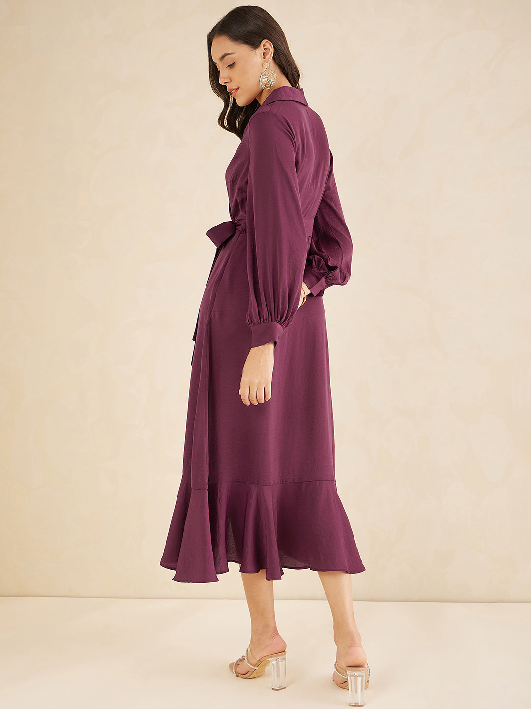 Wine Shawl Collar Belted Wrap Maxi Dress