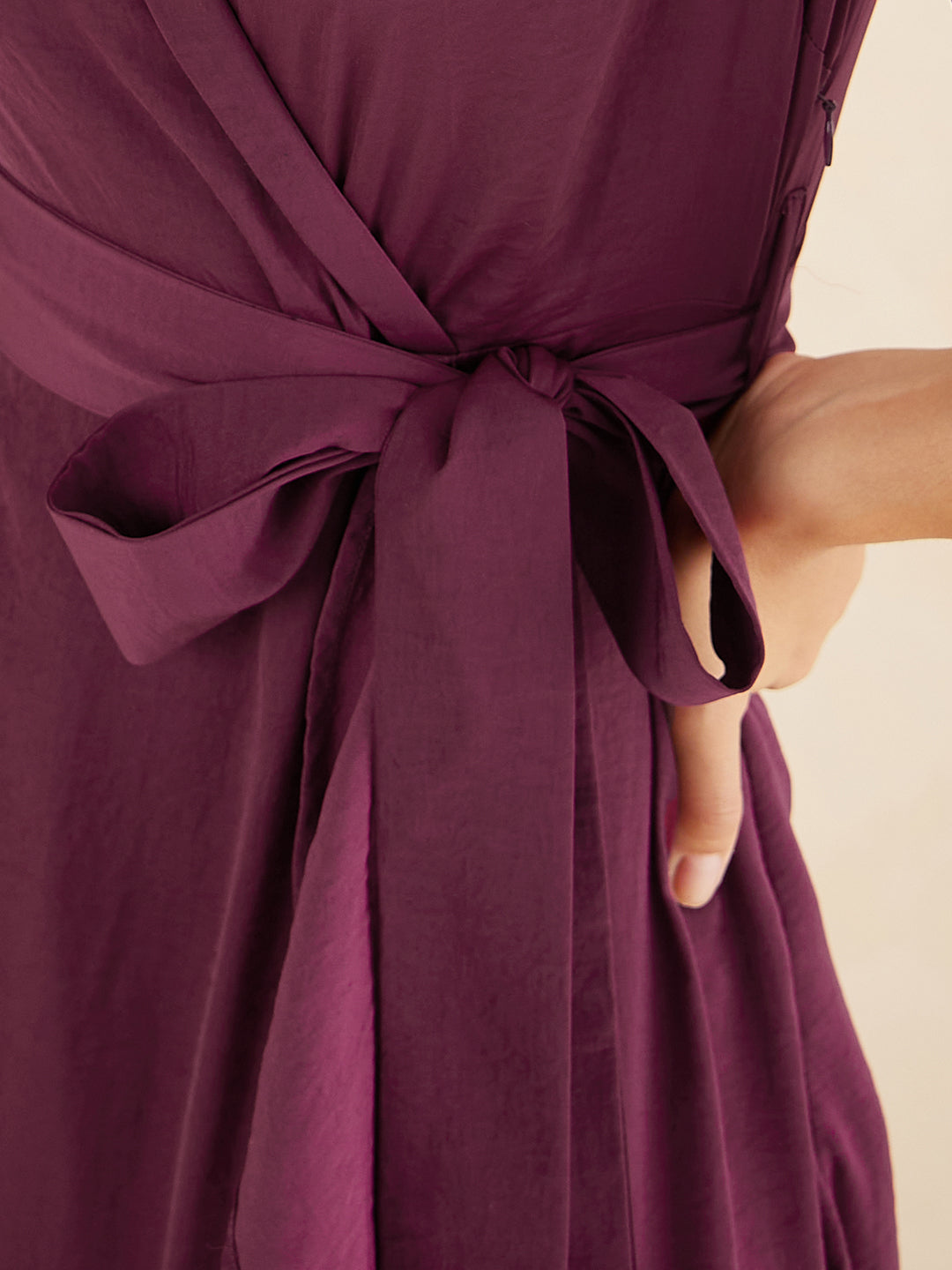 Wine Shawl Collar Belted Wrap Maxi Dress