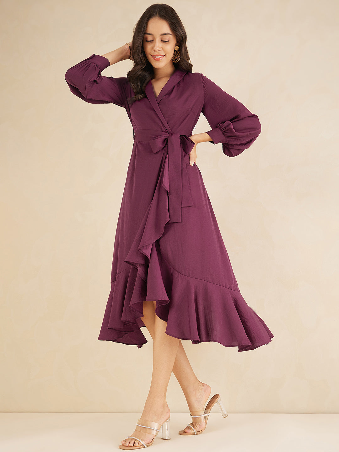 Wine Shawl Collar Belted Wrap Maxi Dress