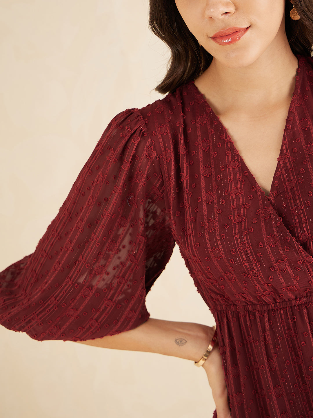 Deep Red Dobby Lurex Wrap Tiered Midi Dress