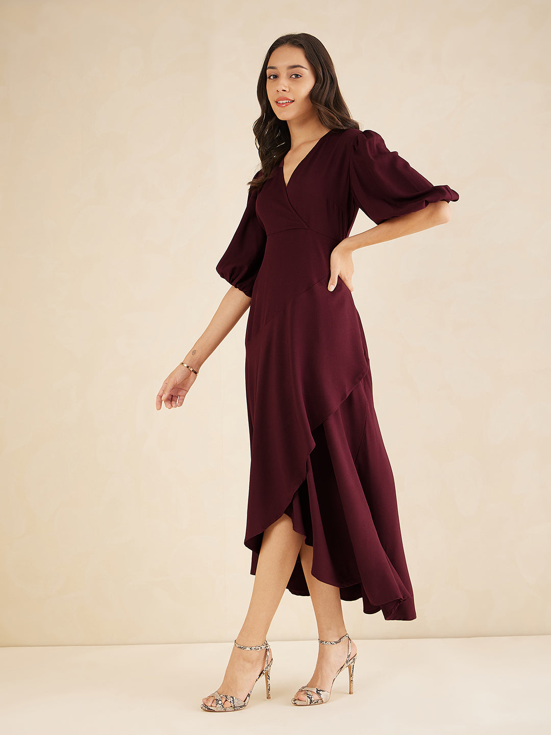 Wine Wrap Ruffle Maxi Dress