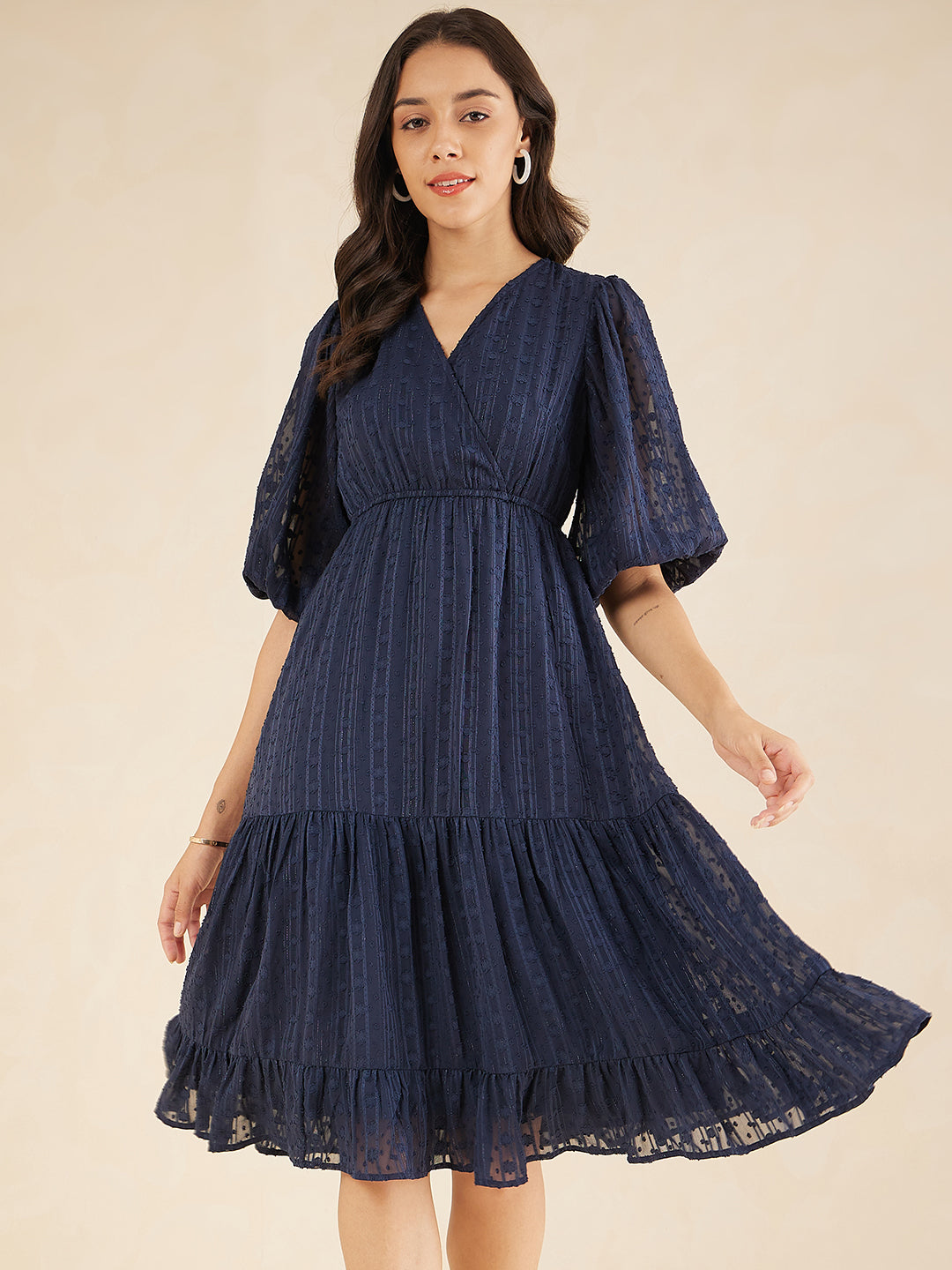 Navy Dobby Lurex Wrap Tiered Midi Dress