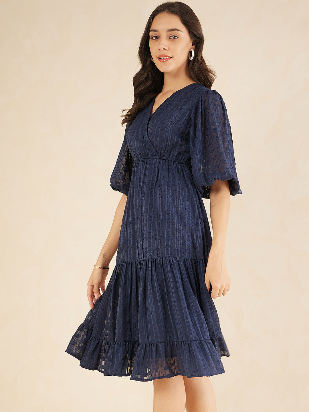Navy Dobby Lurex Wrap Tiered Midi Dress