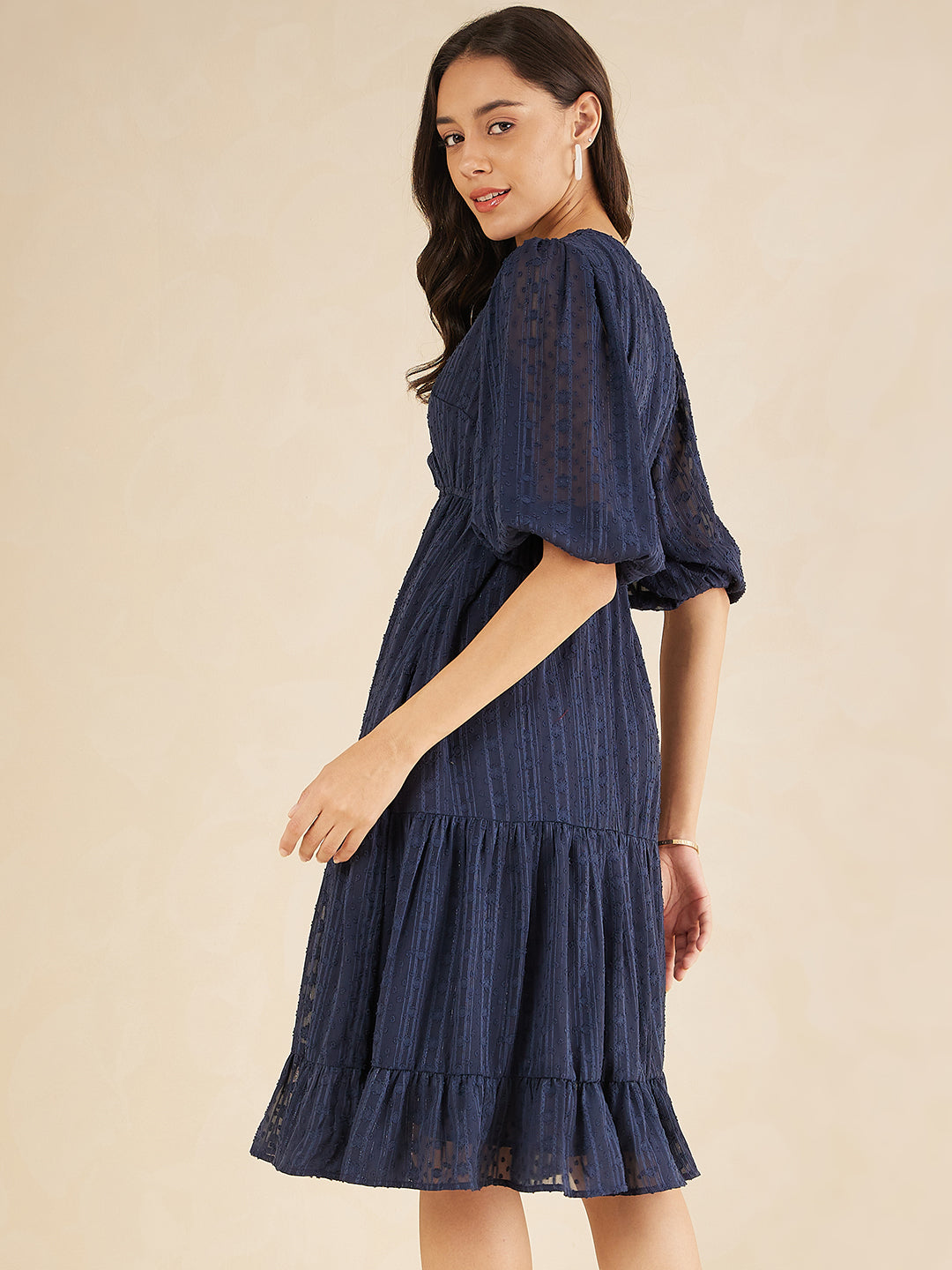 Navy Dobby Lurex Wrap Tiered Midi Dress