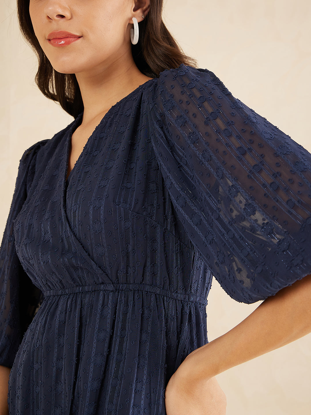 Navy Dobby Lurex Wrap Tiered Midi Dress