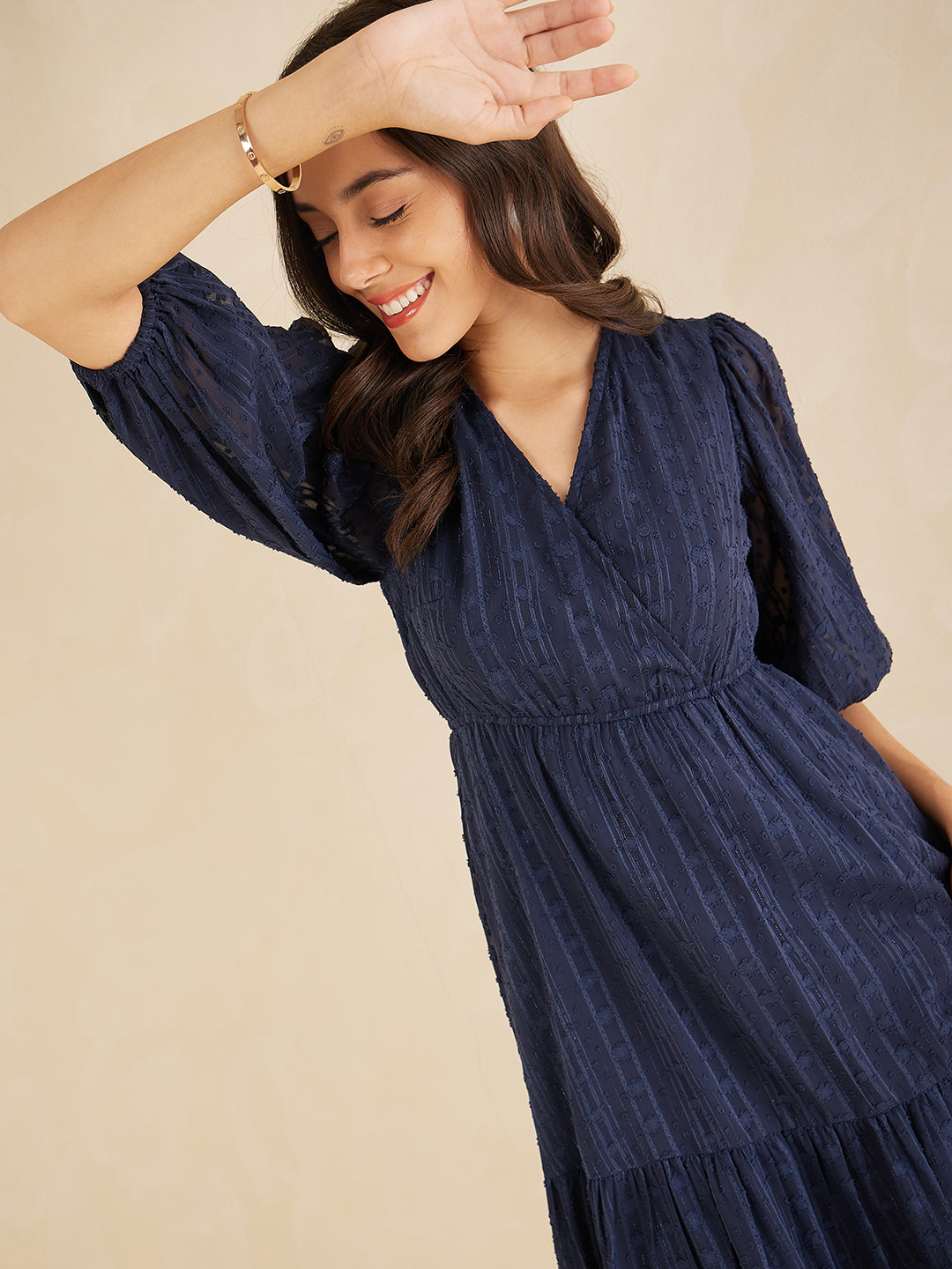 Navy Dobby Lurex Wrap Tiered Midi Dress