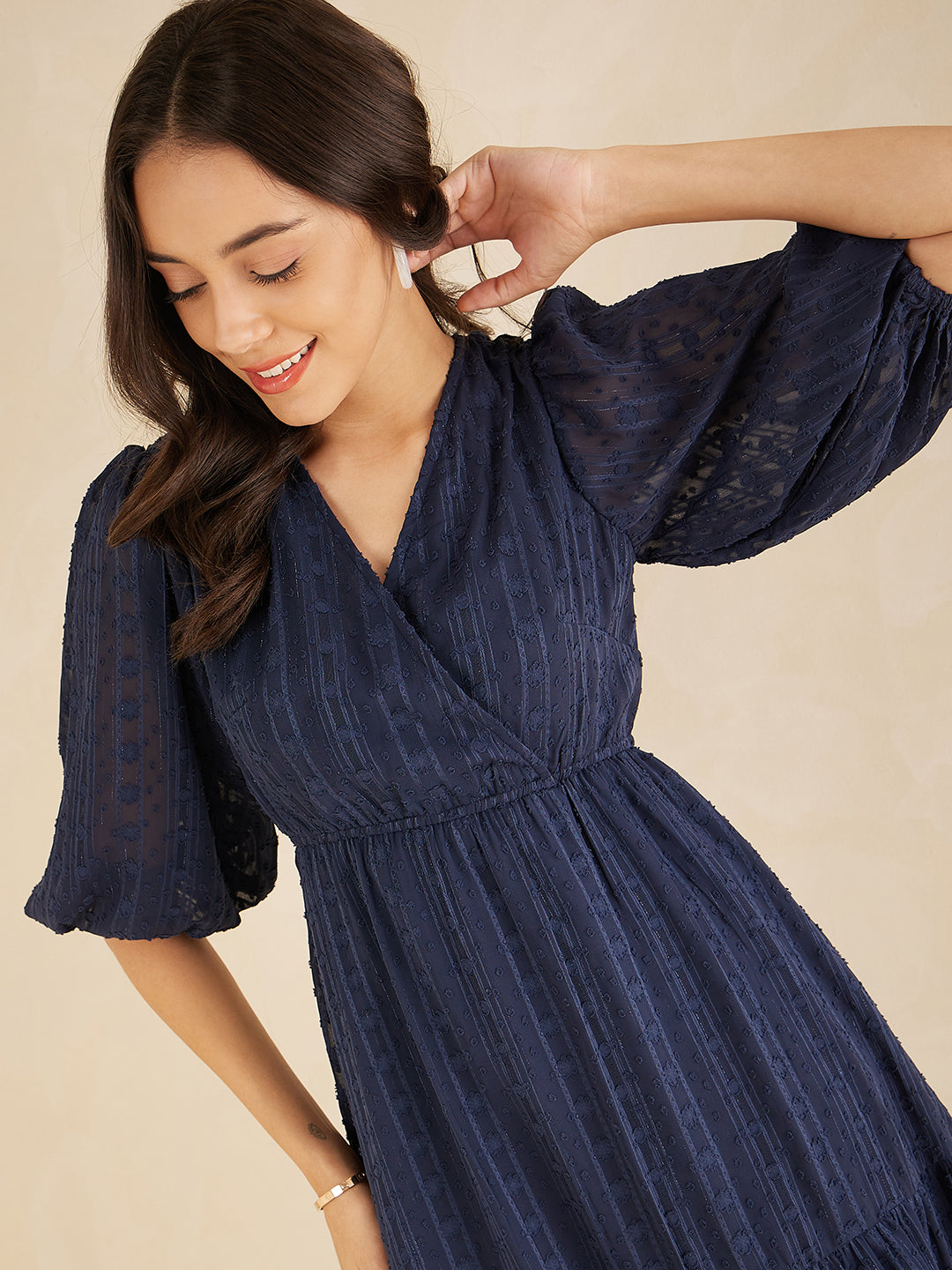 Navy Dobby Lurex Wrap Tiered Midi Dress