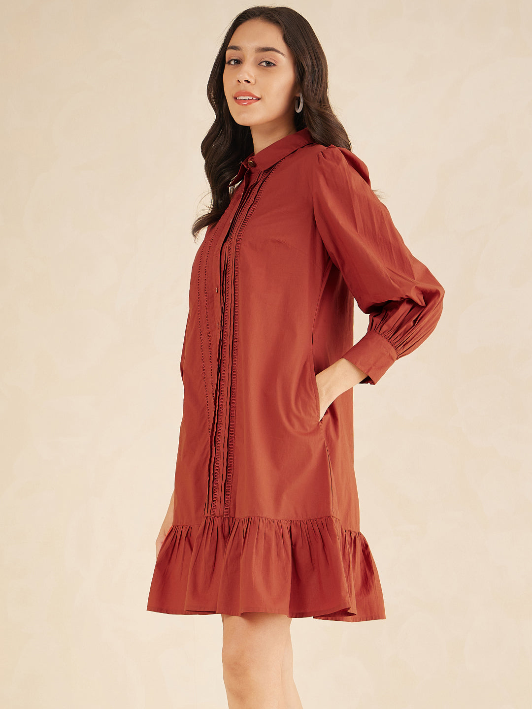 Rust Cotton Poplin Ladder Lace Detail Knee Length Dress