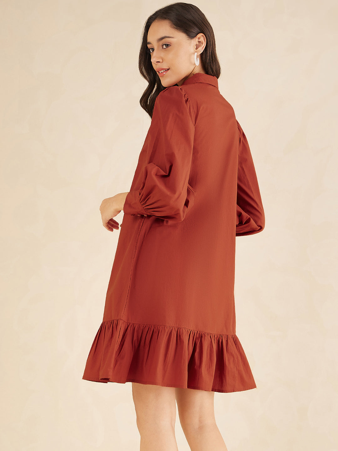 Rust Cotton Poplin Ladder Lace Detail Knee Length Dress