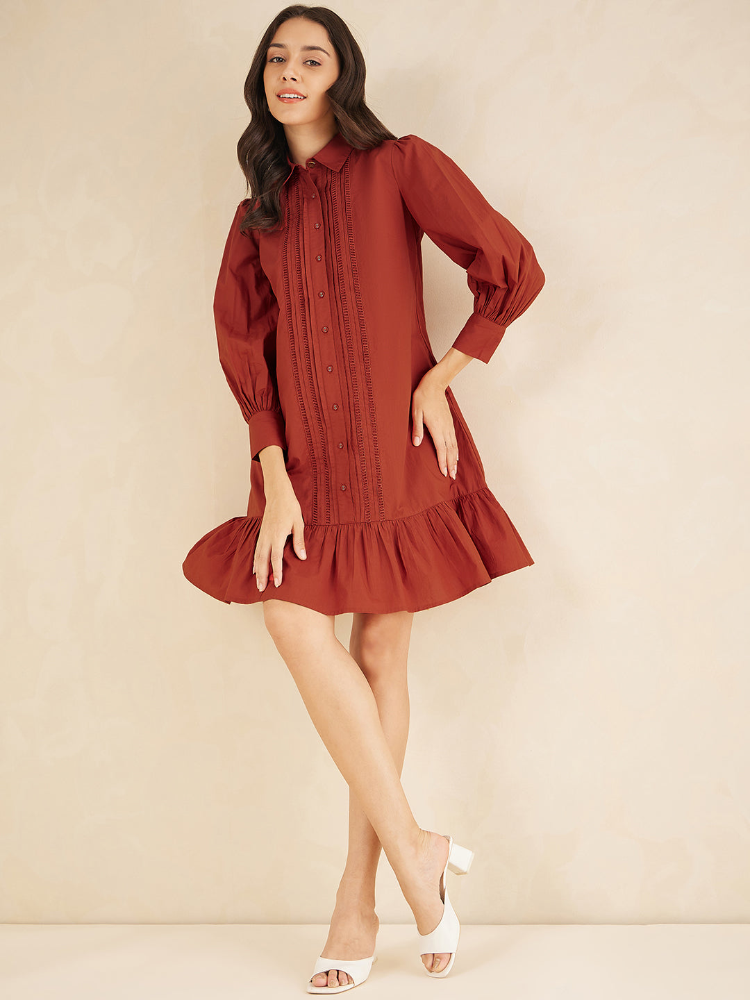 Rust Cotton Poplin Ladder Lace Detail Knee Length Dress