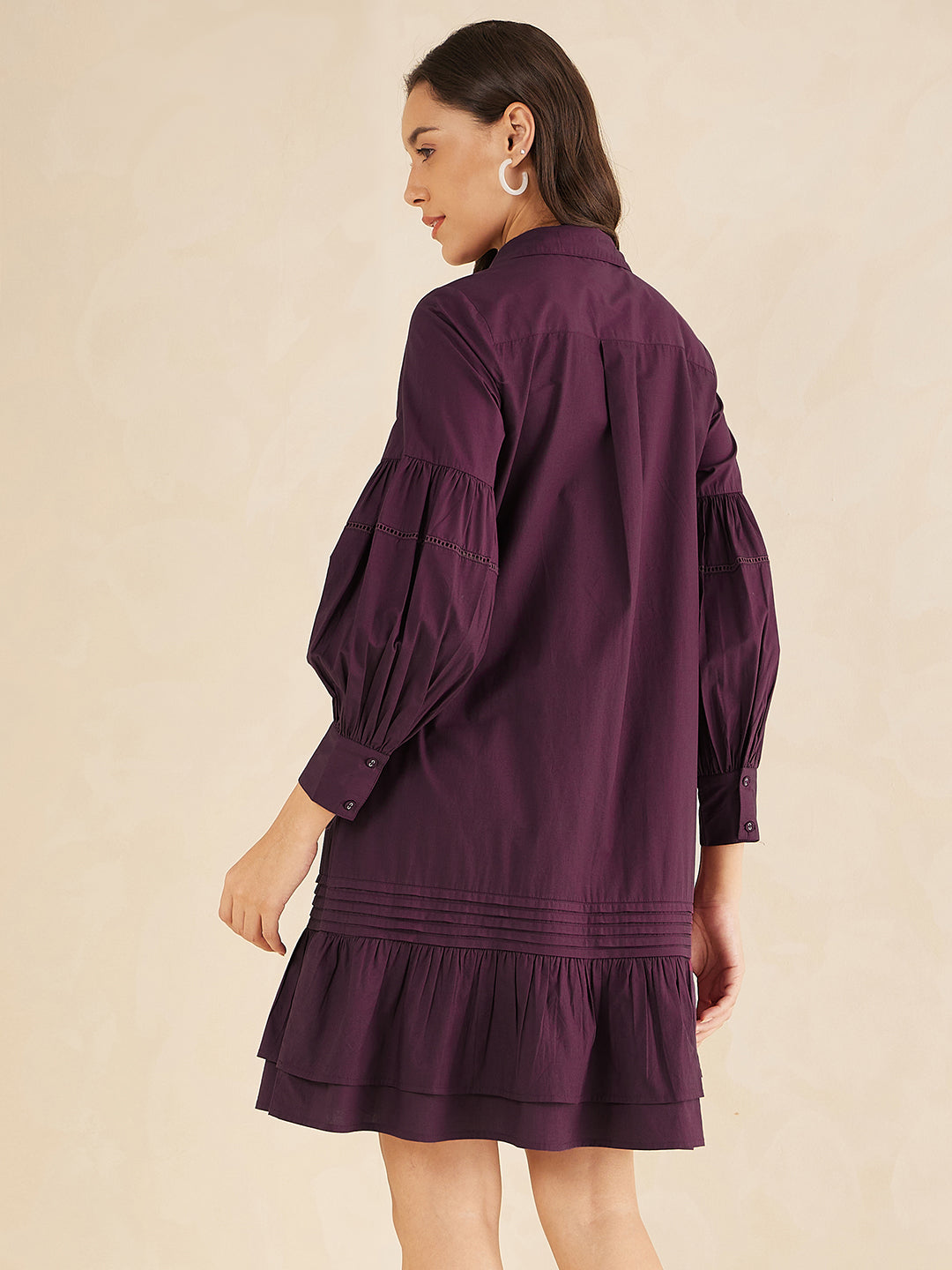 Wine Cotton Poplin Shirt knee length Dress