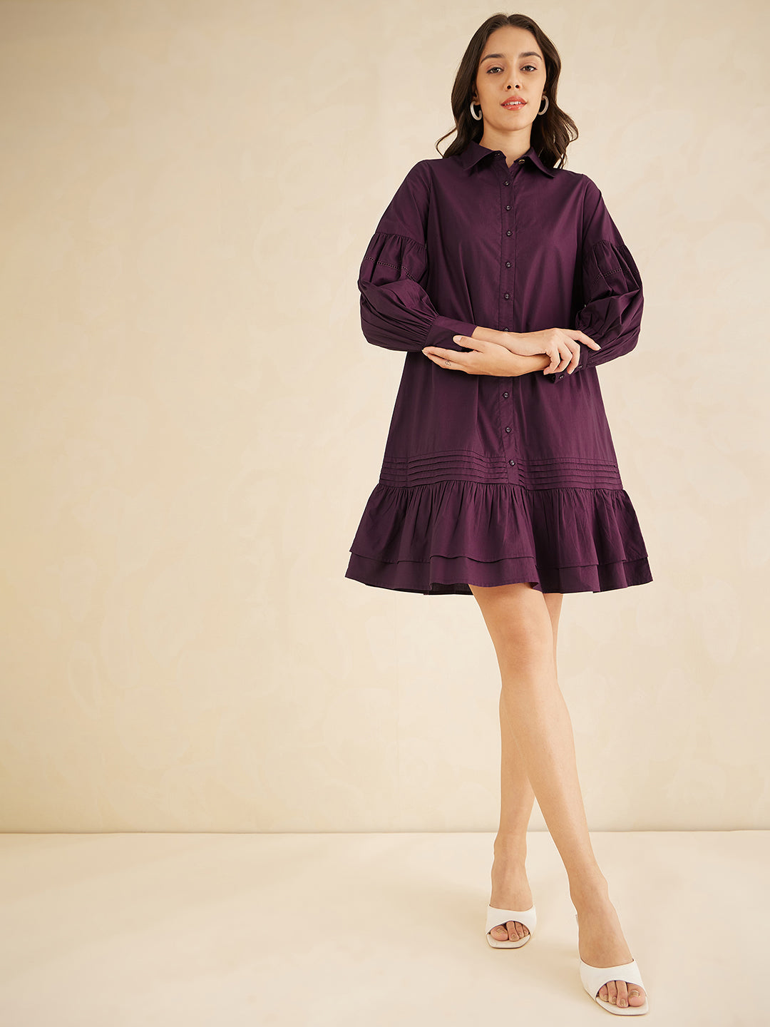 Wine Cotton Poplin Shirt knee length Dress