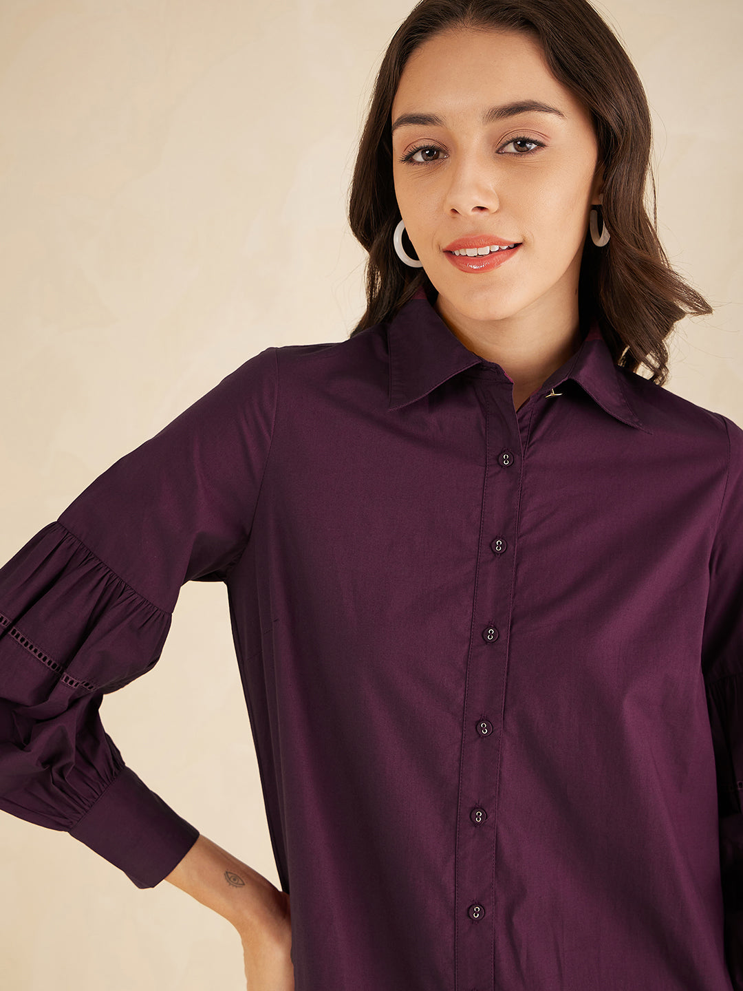 Wine Cotton Poplin Shirt knee length Dress