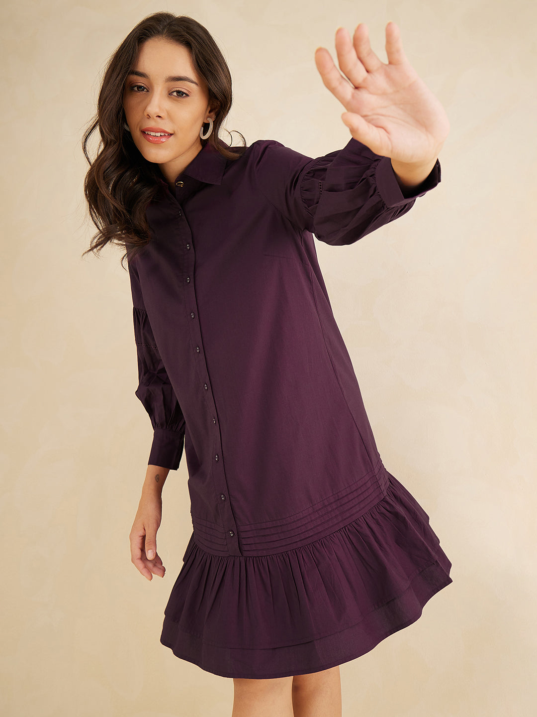 Wine Cotton Poplin Shirt knee length Dress