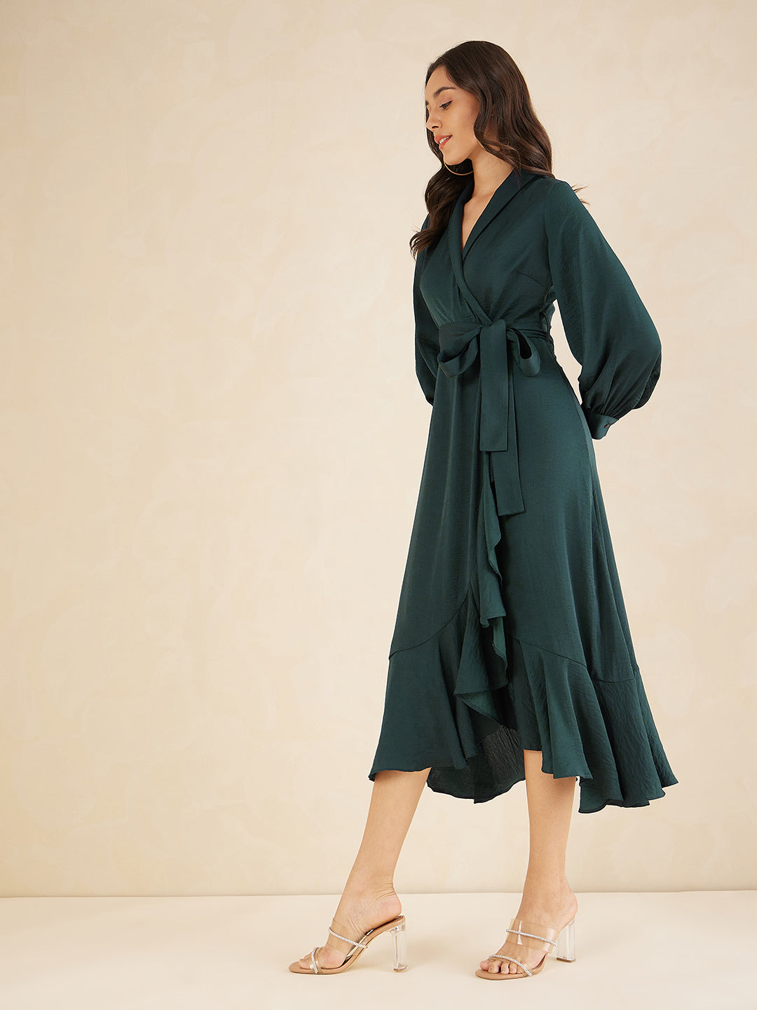 Green Shawl Collar Belted Wrap Maxi Dress