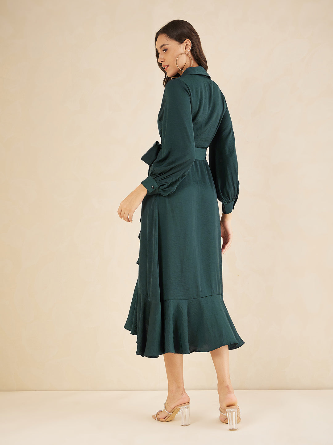 Green Shawl Collar Belted Wrap Maxi Dress