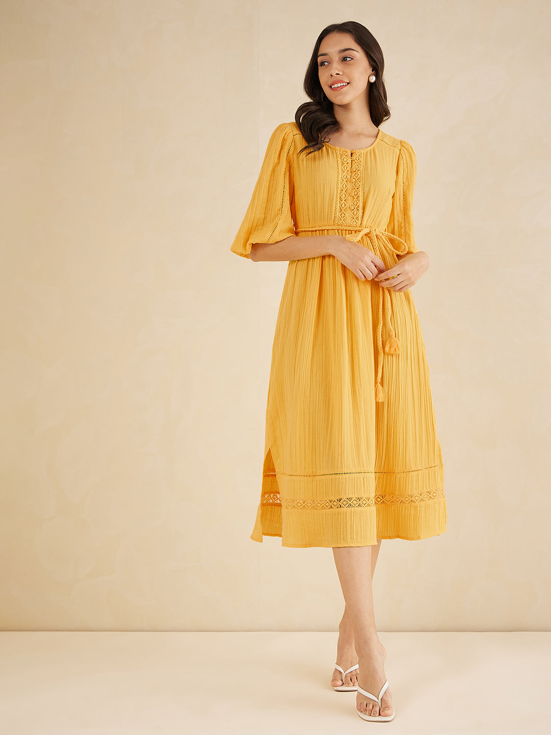 Yellow Solid Lace Detail Belted Maxi Dress