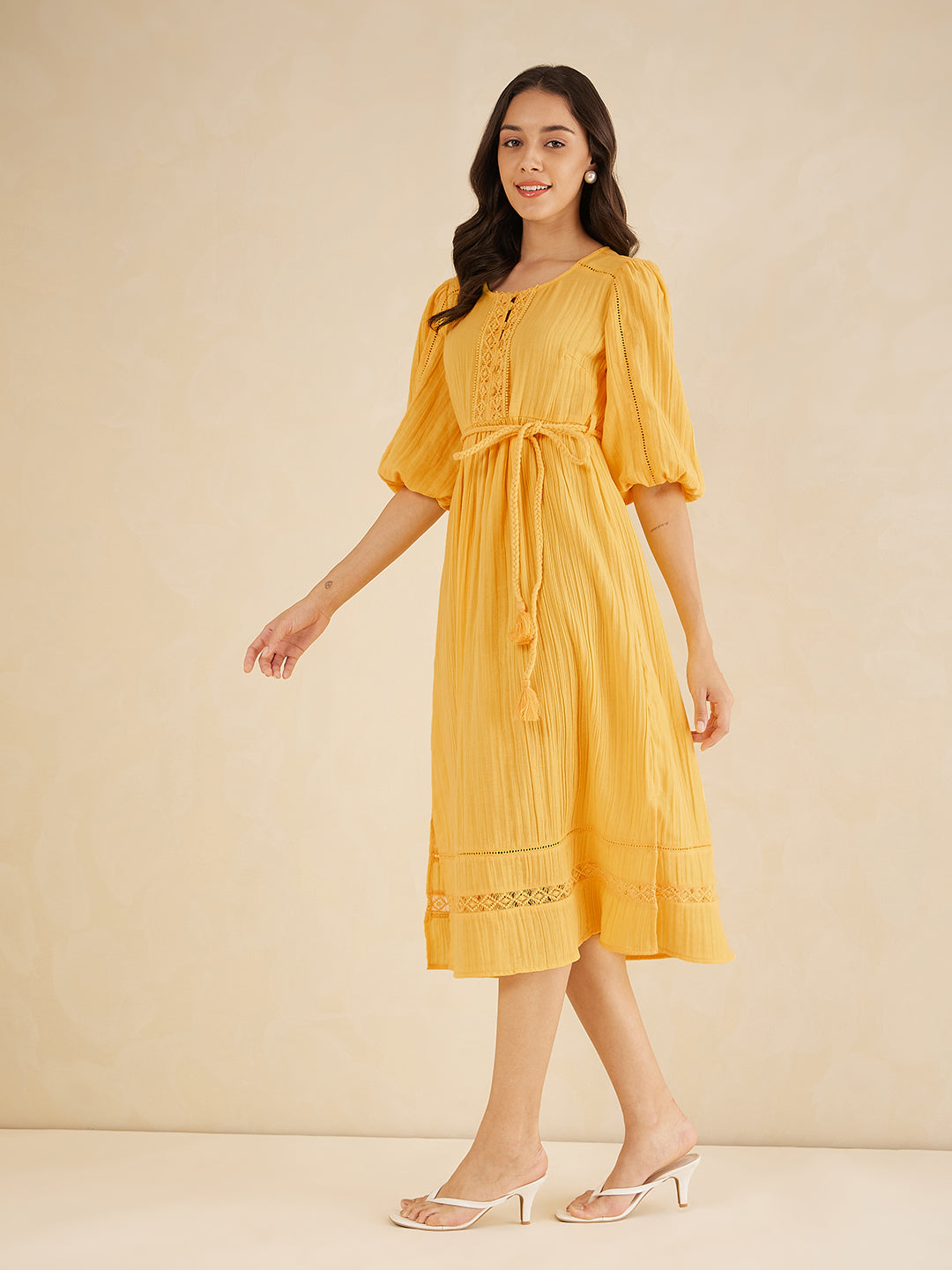 Yellow Solid Lace Detail Belted Maxi Dress
