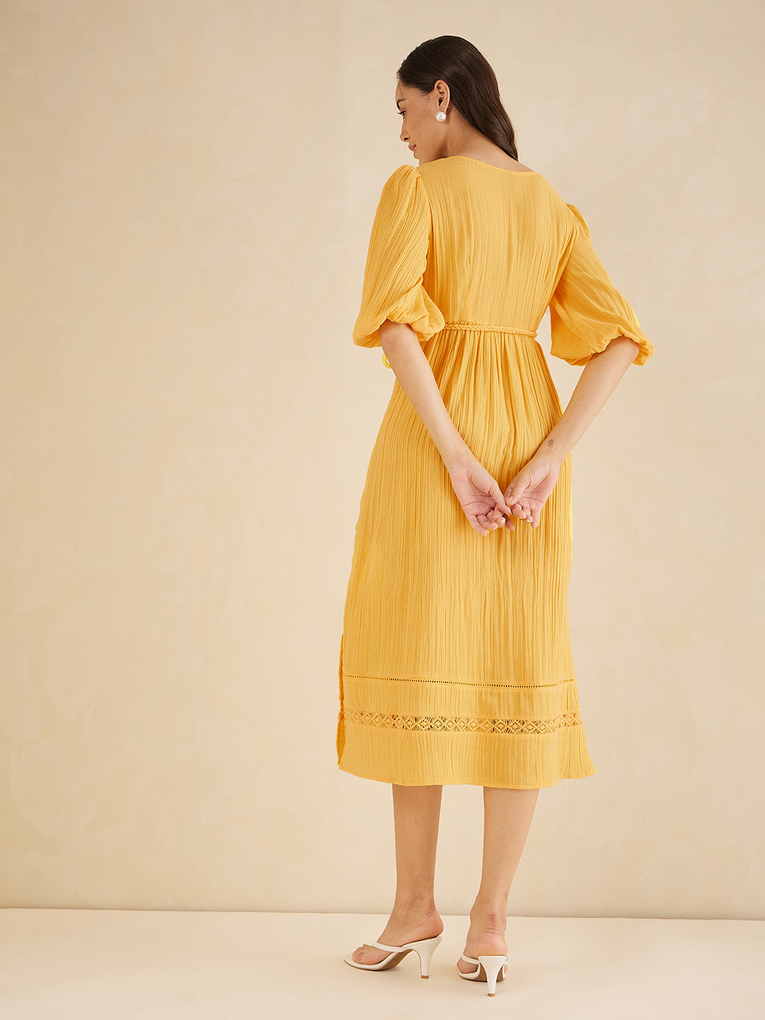 Yellow Solid Lace Detail Belted Maxi Dress