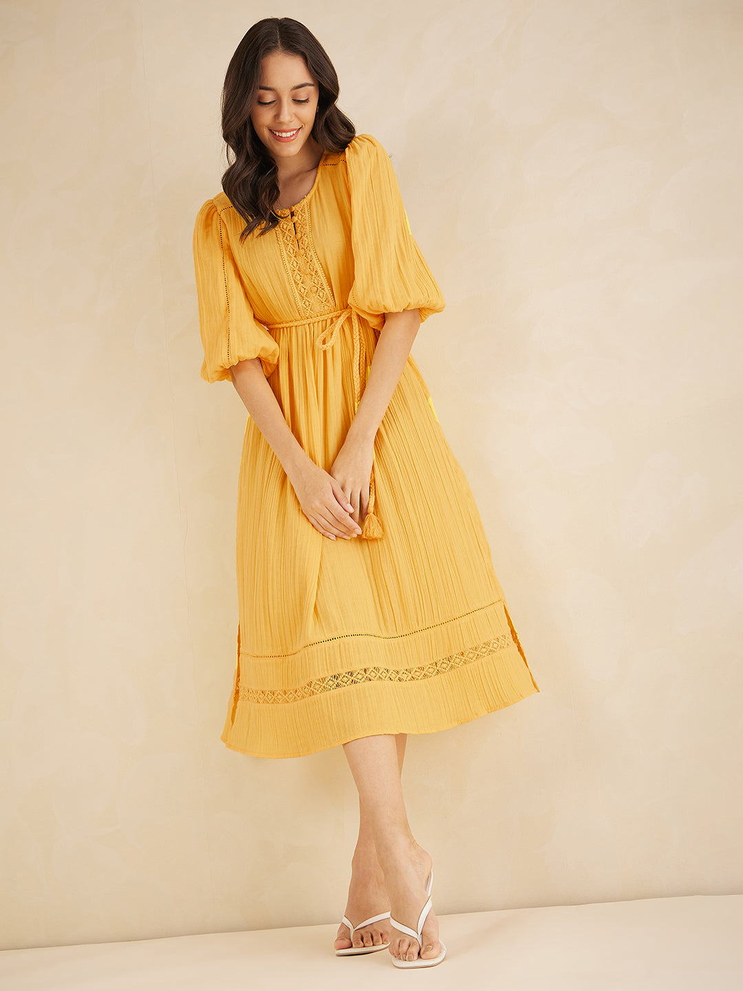 Yellow Solid Lace Detail Belted Maxi Dress