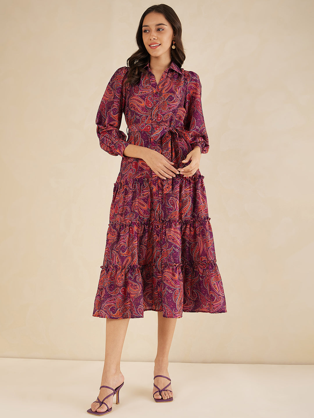 Purple Paisley Printed Tiered Maxi Shirt Dress