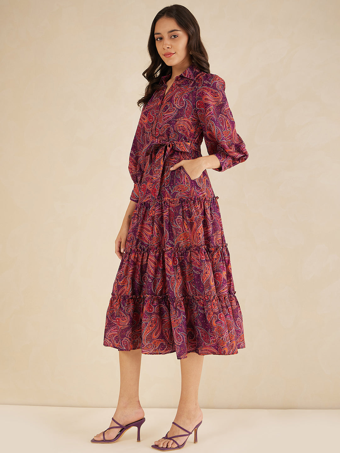 Purple Paisley Printed Tiered Maxi Shirt Dress