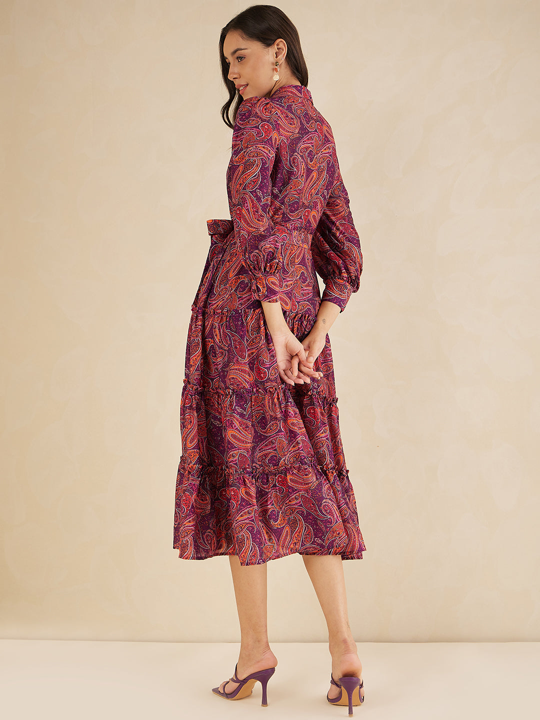Purple Paisley Printed Tiered Maxi Shirt Dress