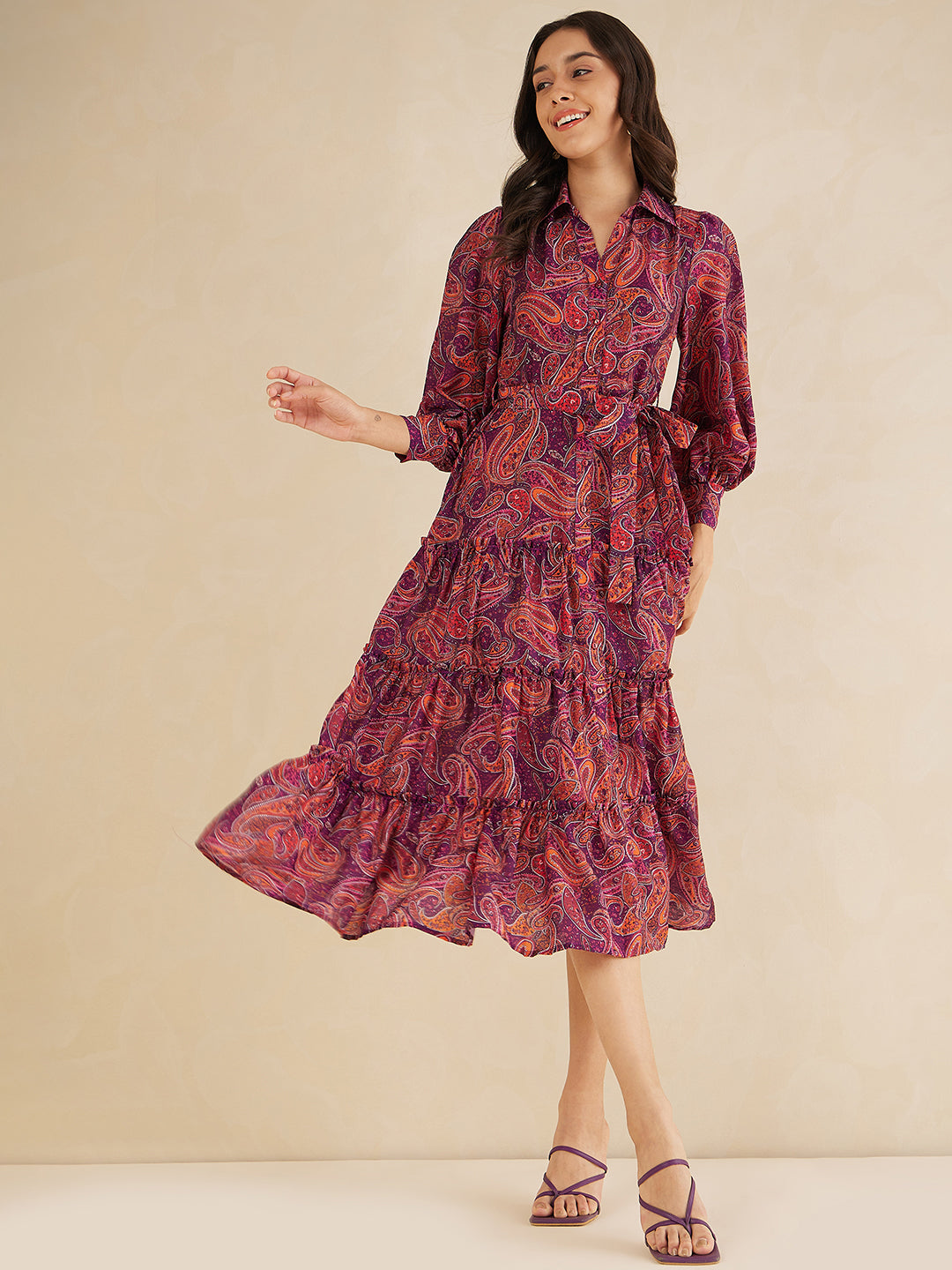 Purple Paisley Printed Tiered Maxi Shirt Dress