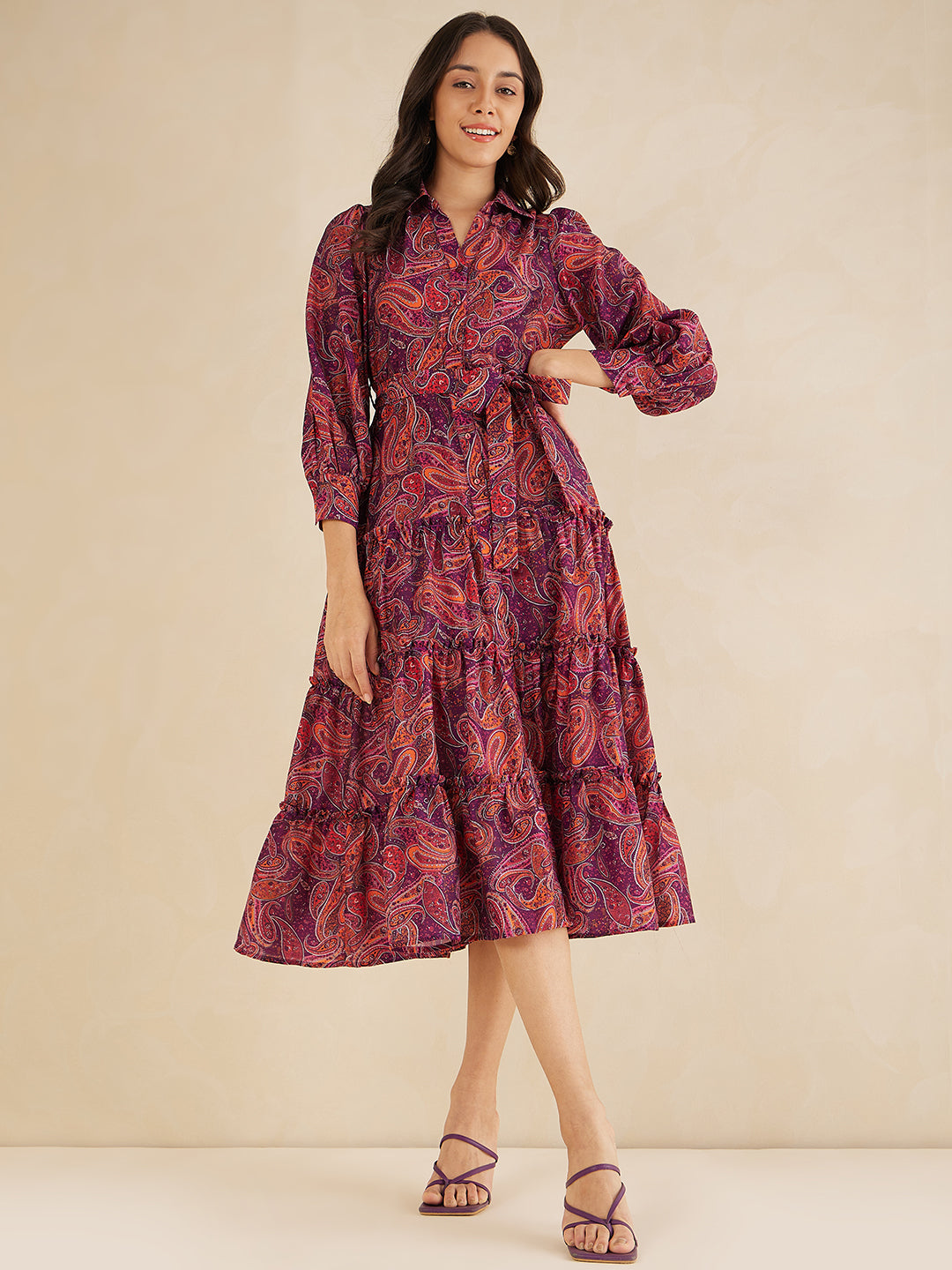 Purple Paisley Printed Tiered Maxi Shirt Dress