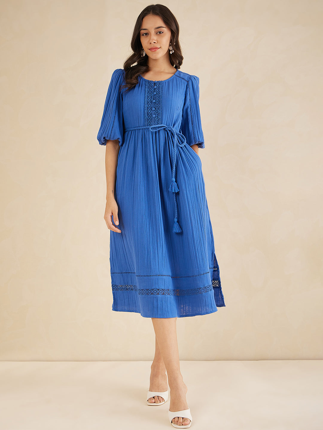 Blue Solid Lace Detail Belted Maxi Dress