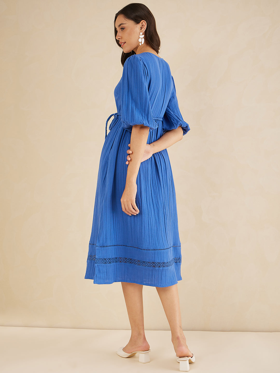 Blue Solid Lace Detail Belted Maxi Dress